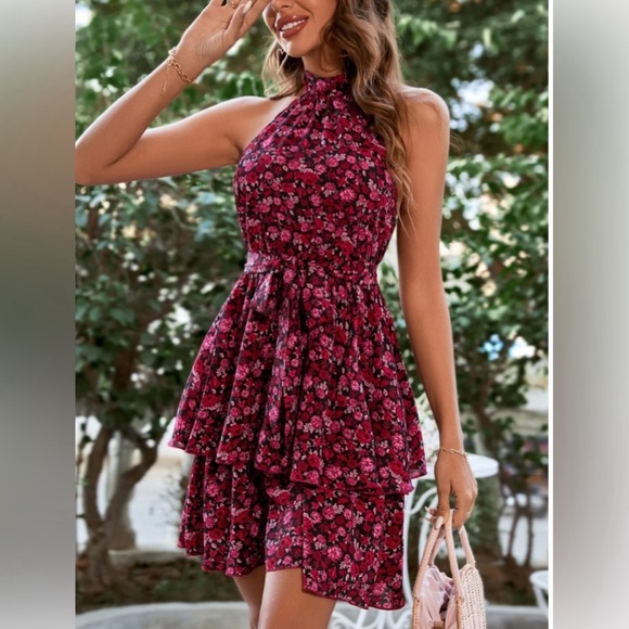 Rose Floral Print Layered Ruffle Hem Belted Halter Dress - Picture 3 of 5